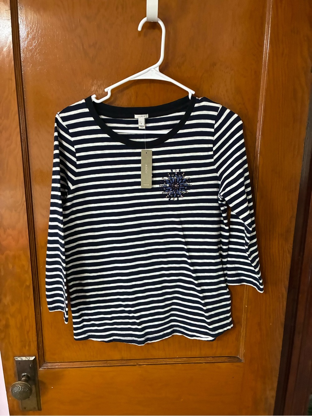 #24 NWT - J. Crew Navy and White Striped Tee with Beaded Detail